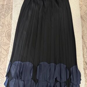 Lightweight pleated Black Maxi Skirt with Navy Petal/oval detailed Hem